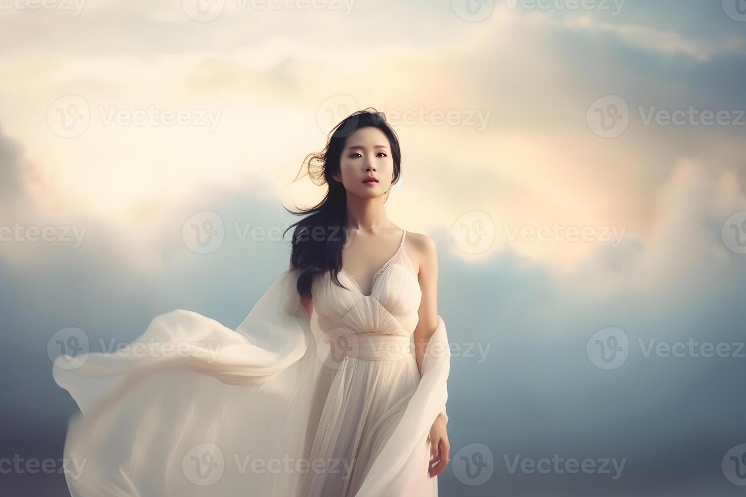 asiatisch Mädchen im ein Weiß Kleid unter das Wolken. neural Netzwerk ai generiert foto