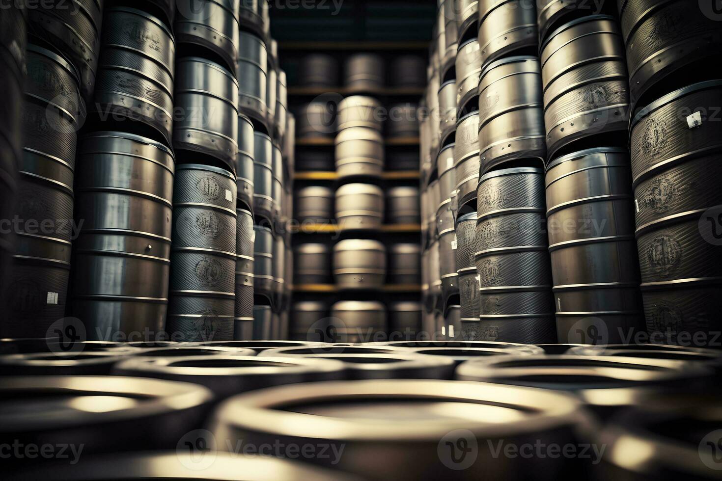 Stapel von Bier Fässer im Brauerei Herstellung Lagerhaus. neural Netzwerk generiert Kunst foto
