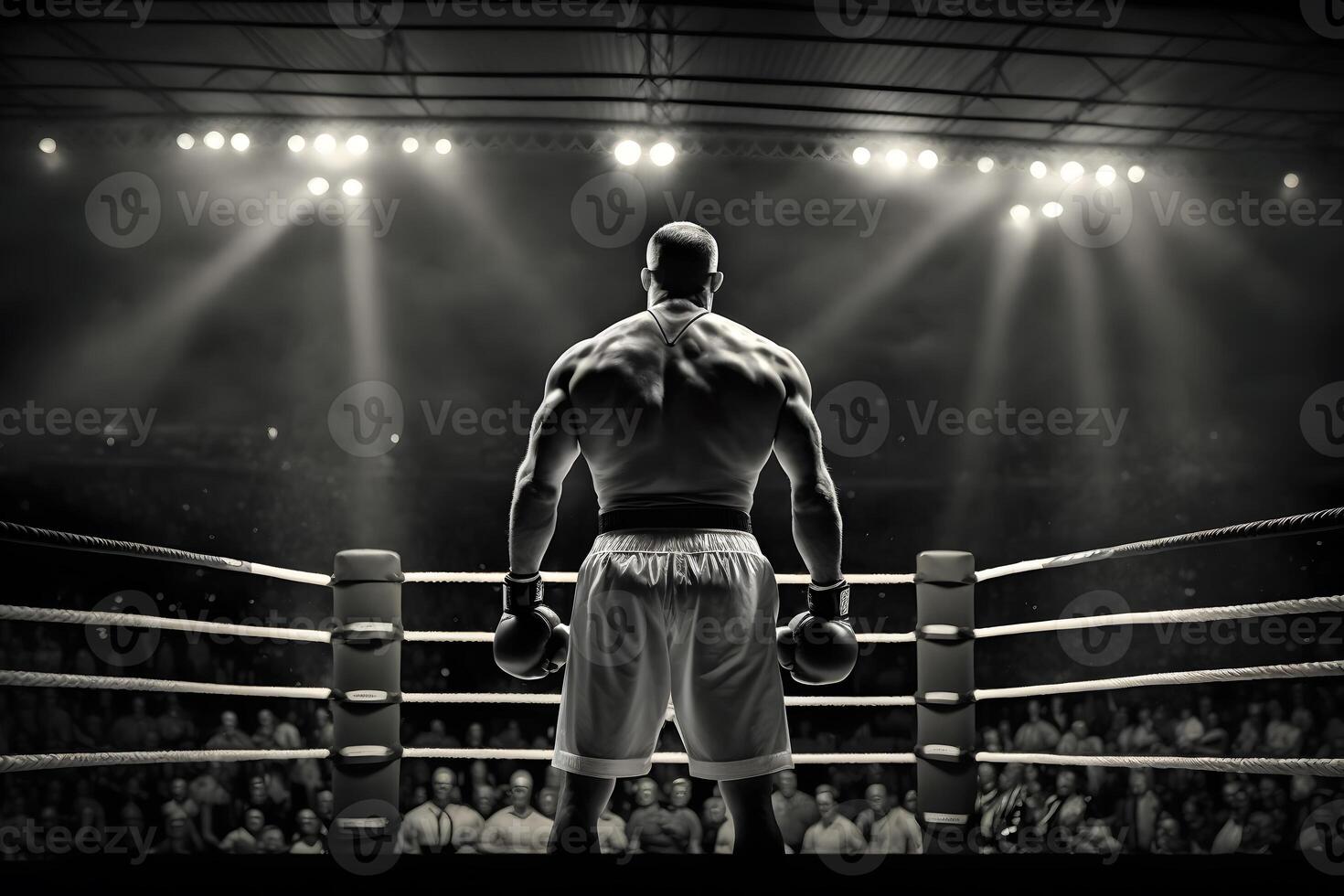 Fachmann Boxer Kampf auf das großartig Arena Panorama Sicht. neural Netzwerk ai generiert foto