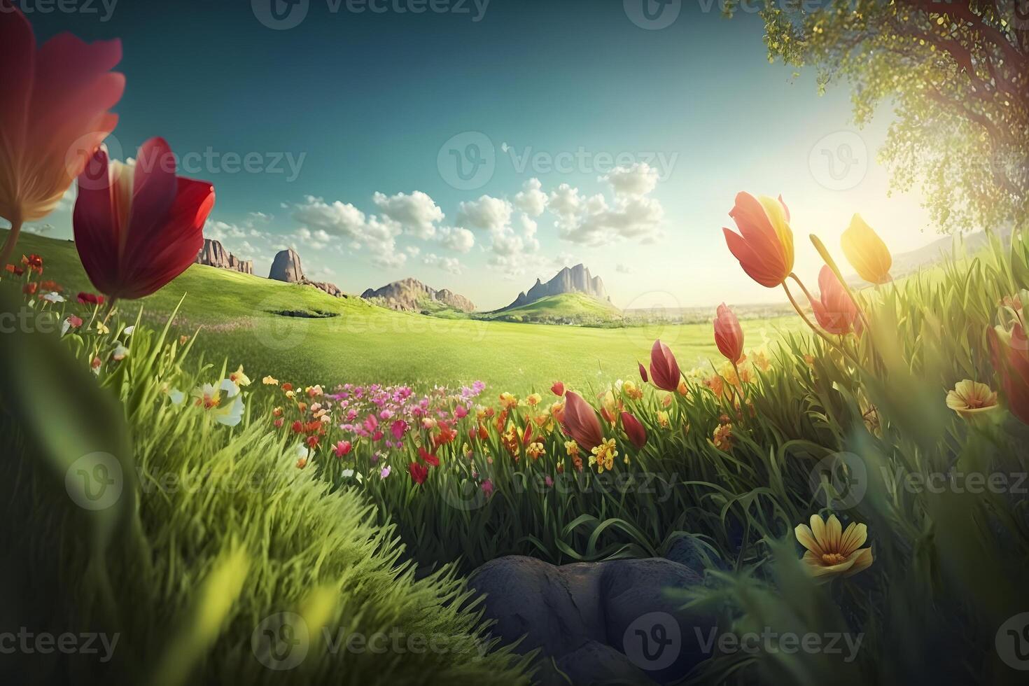 schön Landschaft mit Grün Feld und wild Tulpen unter Blau wolkig Himmel. neural Netzwerk ai generiert foto