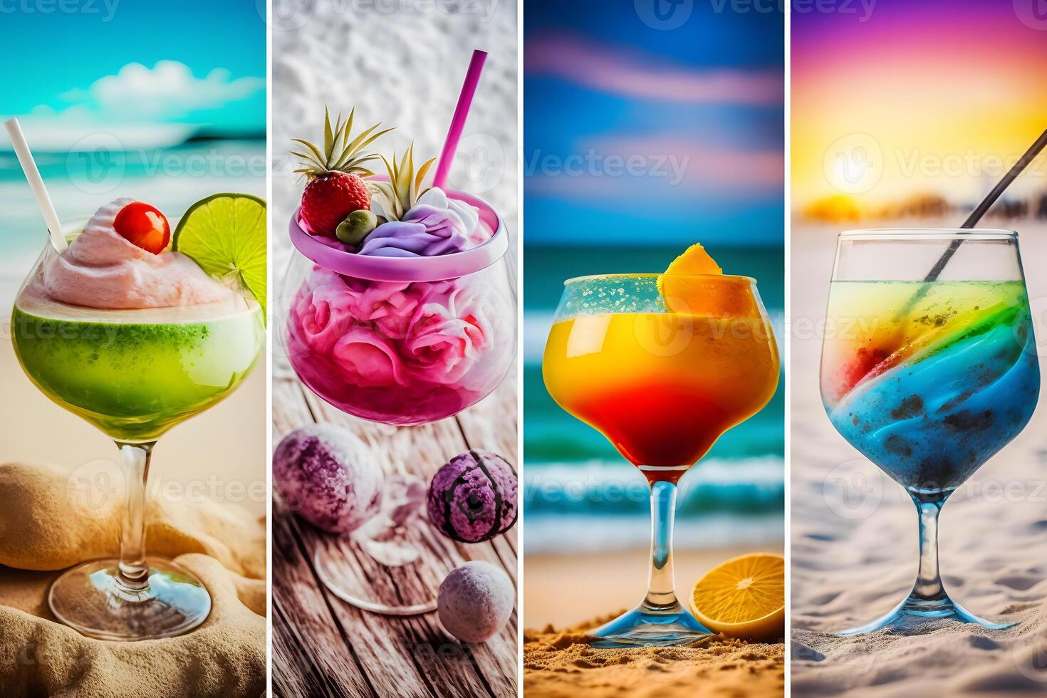 Cocktails durch das Meer. Sommer- Strand Stimmung. neural Netzwerk ai generiert foto