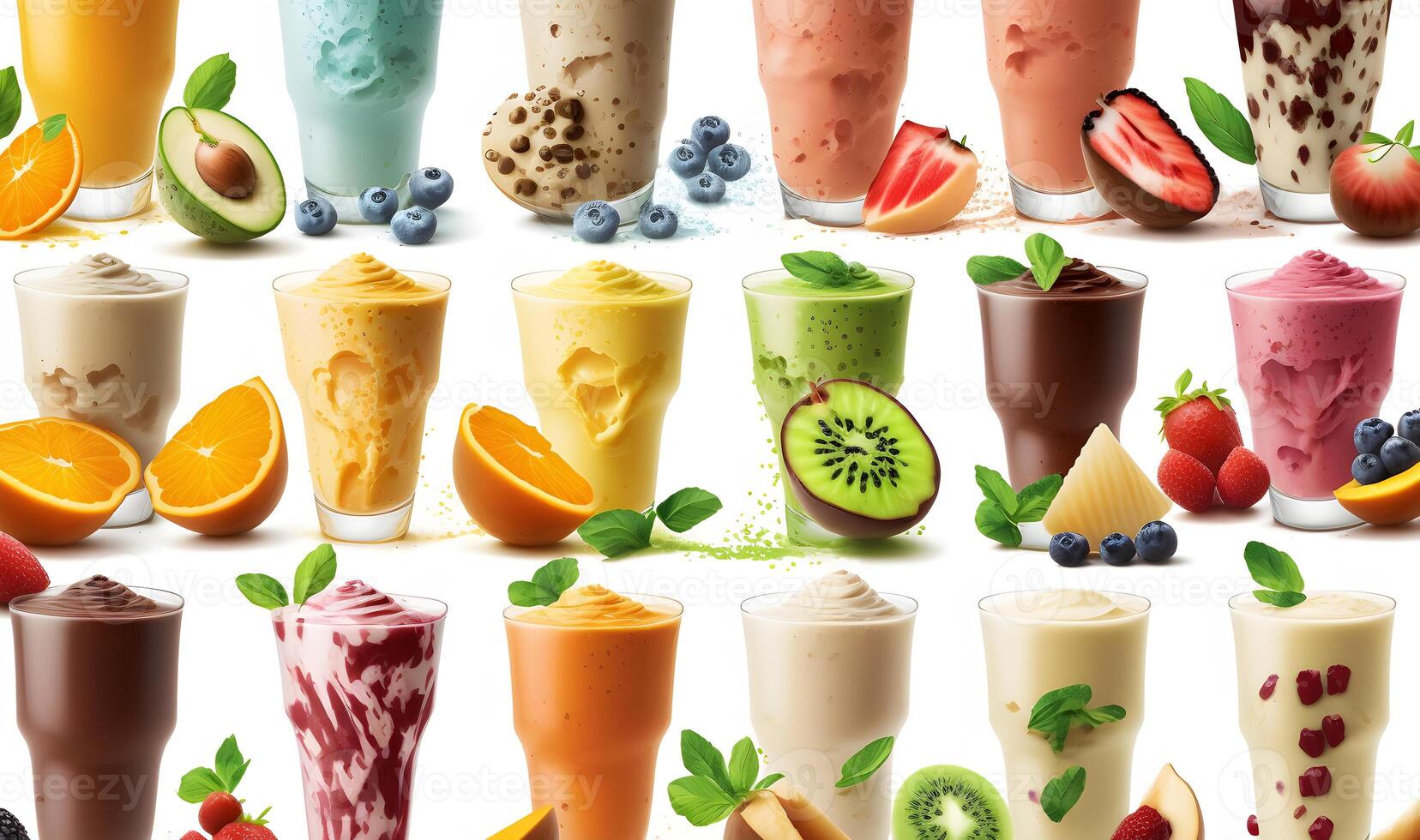 Sammlung von bunt köstlich Obst Smoothies isoliert auf Weiß Hintergrund. neural Netzwerk ai generiert foto