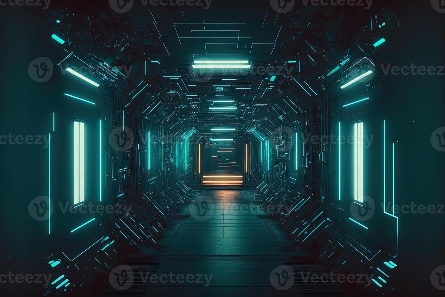 Sci-Fi Cyber futuristisch leeren generativ ai Tunnel Hintergrund Ausfahrt oder Tor voraus. abstrakt Cyber oder Digital Schnellstraße Konzept Cyberpunk Cyber Synth Tunnel Gang foto