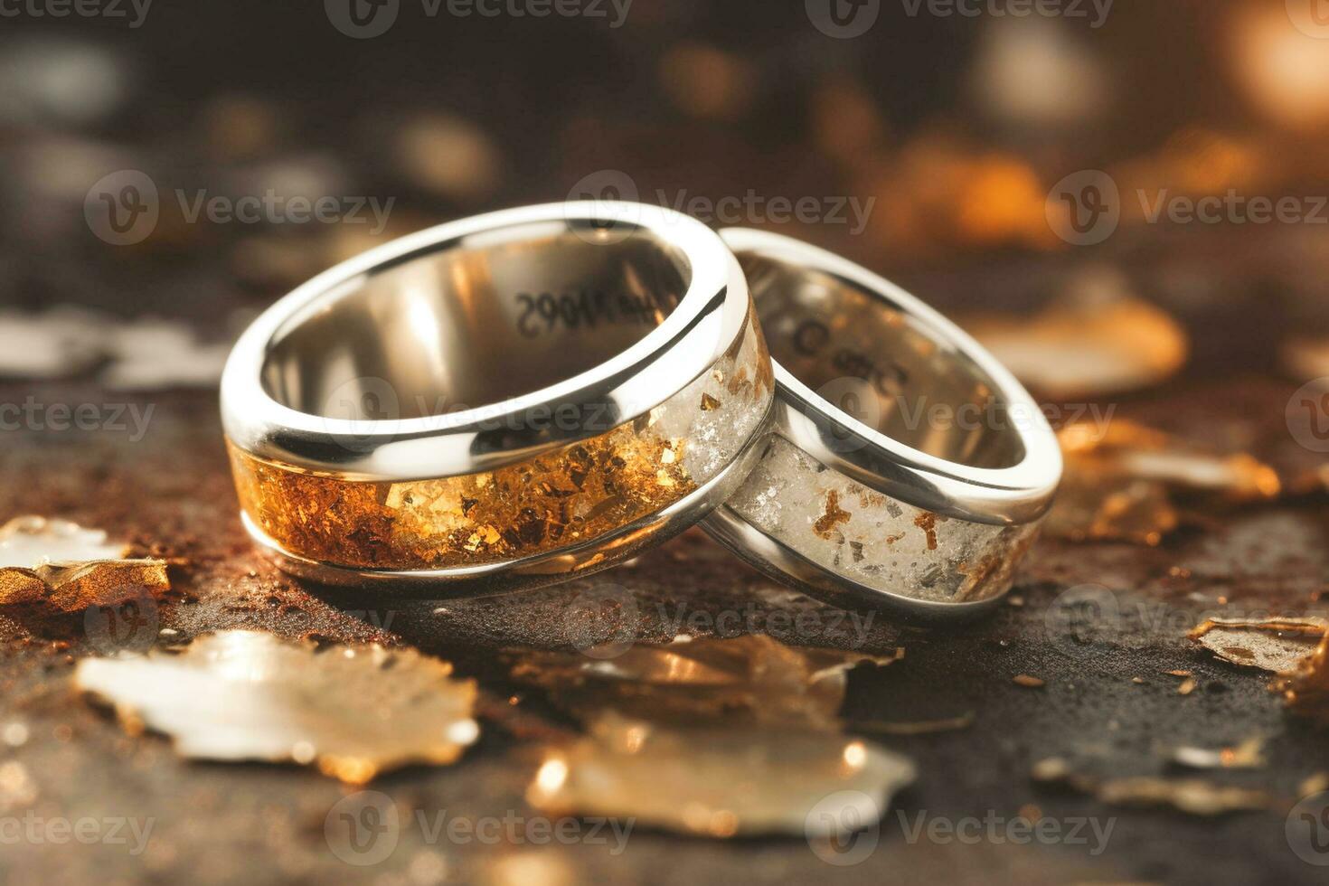 Hochzeit Ringe mit Silber und Gold auf Bokeh Hintergrund im das Stil von funkeln und Diamant Staub. Nahansicht Foto mit Kopieren Raum zum Text