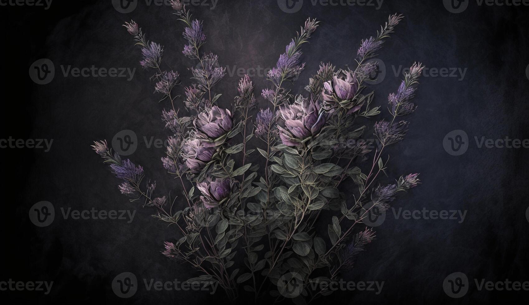 generativ ai, schließen oben von Blühen Blumenbeete von tolle Lavendel lila Blumen auf dunkel launisch Blumen- texturiert Hintergrund. fotorealistisch Wirkung. foto