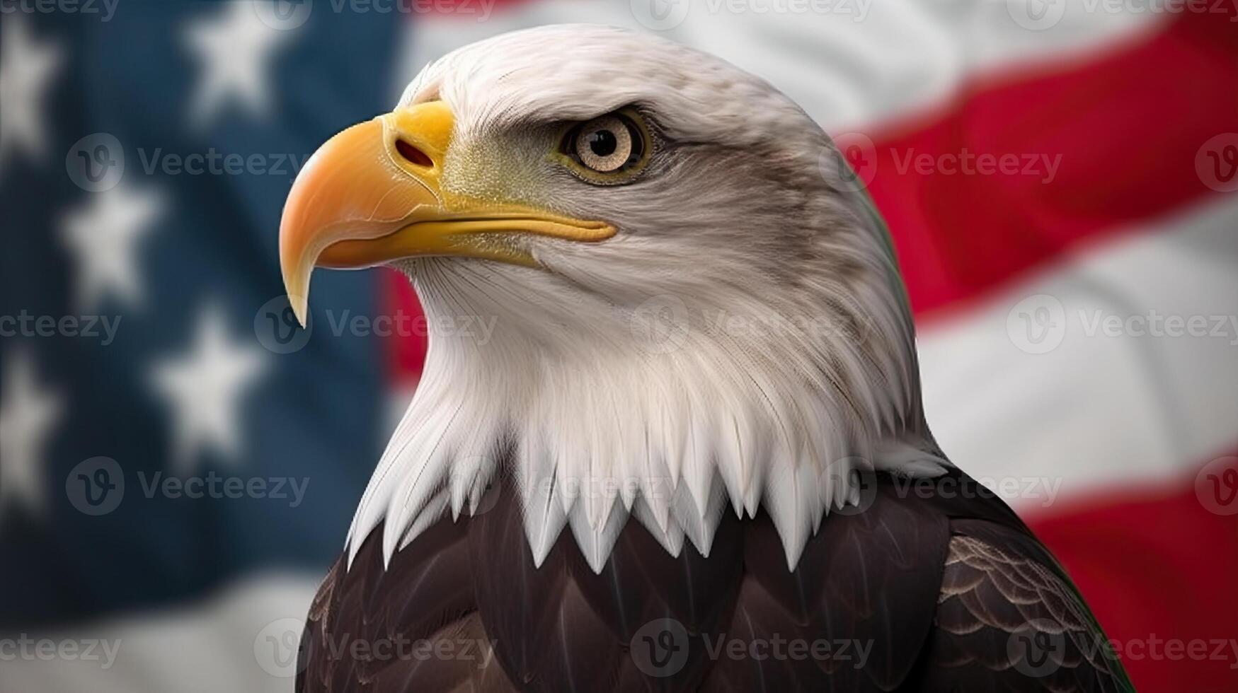 kahl Adler mit USA Flagge im das Hintergrund. ai generativ foto