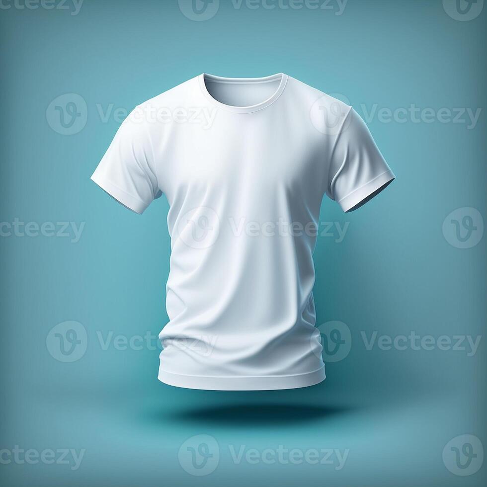 Weiß T-Shirt Attrappe, Lehrmodell, Simulation auf Blau Hintergrund, generativ ai foto