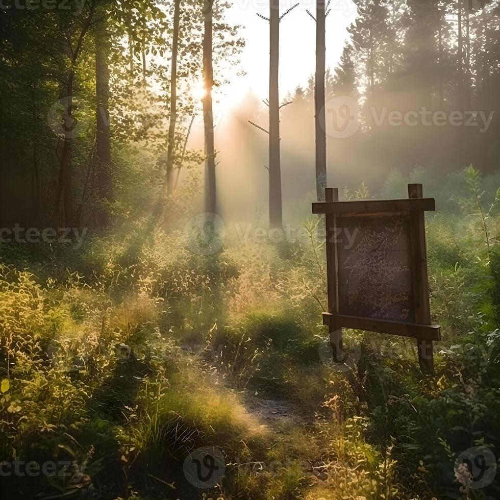 leeren hölzern Zeichen auf Kante von Wald auf Sommer- ,generativ ai foto