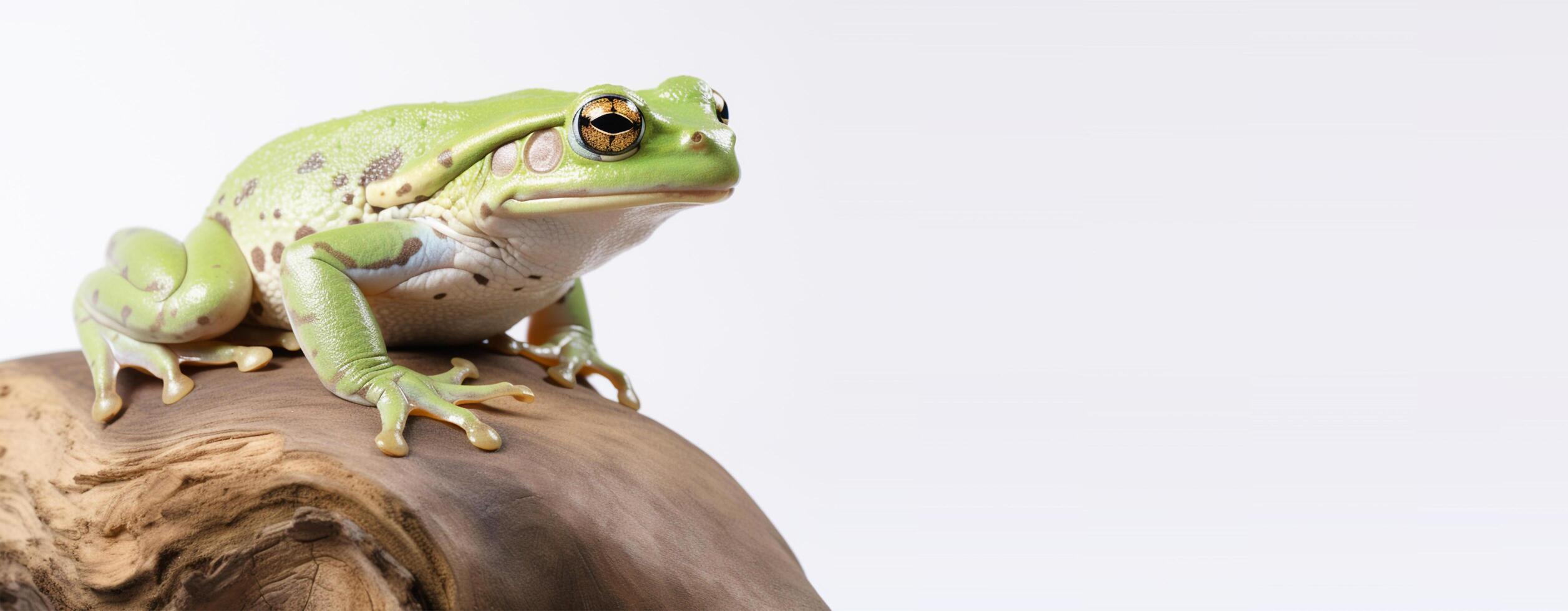 Studio Porträt von ein Grün Frosch auf ein Baum Stamm. mit ein Weiß Hintergrund und Kopieren Raum. generativ ai foto