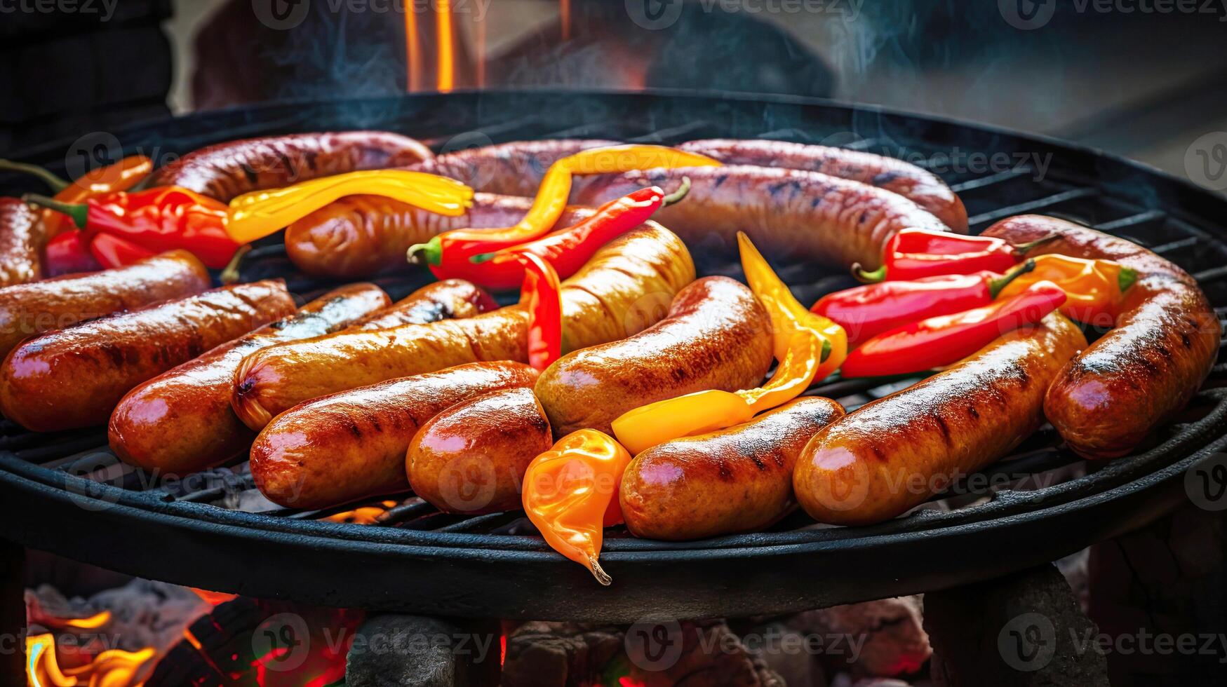 gegrillt Würste und Gemüse auf ein flammend Grill Grill. ein köstlich Essen Poster zum Sommer- Essen. generativ ai foto