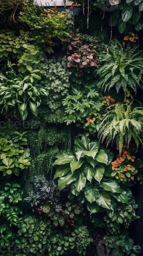 Vertikale Garten Zier Pflanze Hintergrund Hintergrund Porträt. Farn, Ranke, Grün Blätter, Natur Hintergrund, dekorativ Mauer. foto