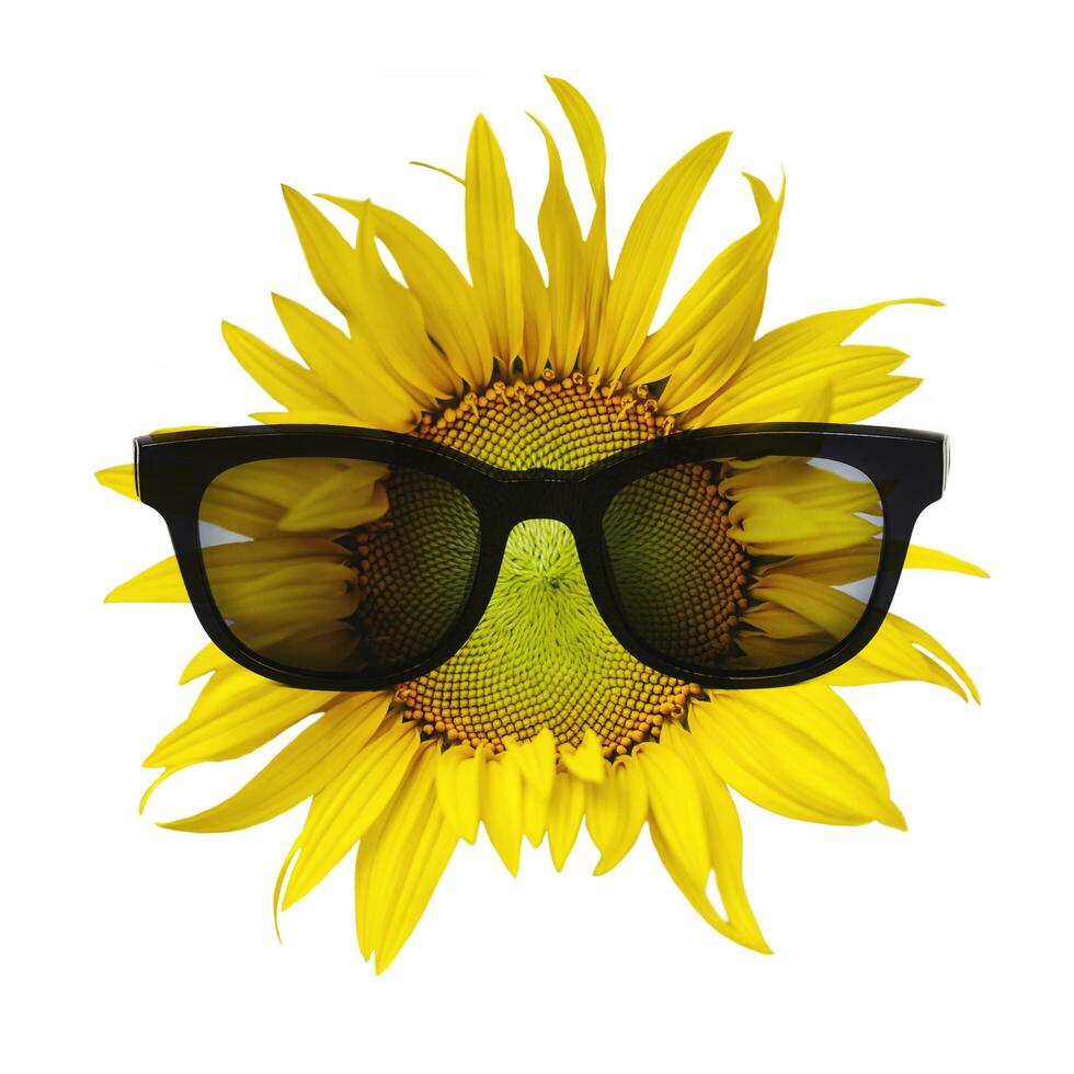 schön Sonnenblume mit Sonnenbrille auf Weiß Hintergrund. foto