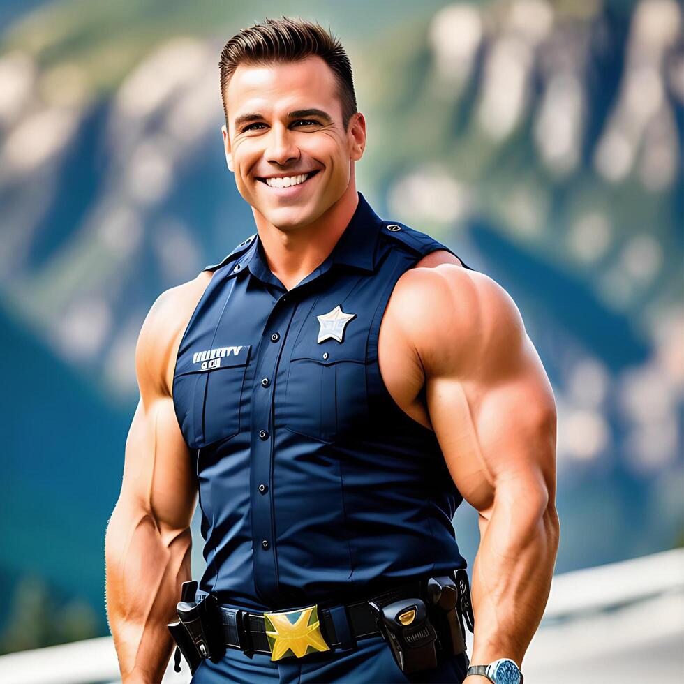 Muskel Polizei Offizier mit ärmellos Uniform und bergig Hintergrund realistisch Illustration ai generiert foto