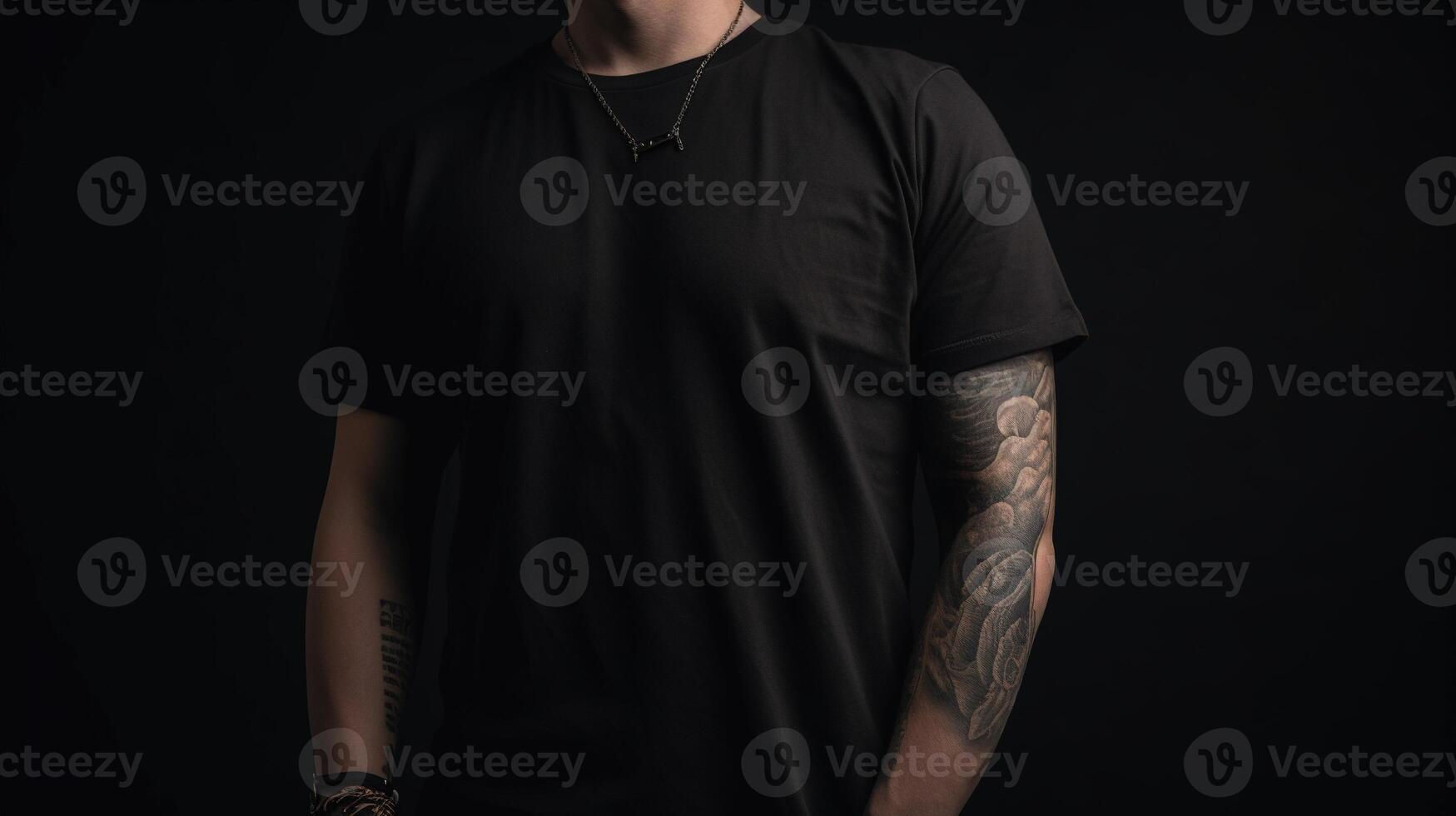 generativ ai, realistisch schwarz T-Shirt spotten oben leer stellen auf jung Mann, Copyspace zum Präsentation Werbung. leer Geschäft Konzept foto