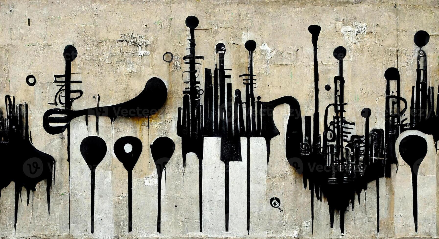 generativ ai, abstrakt Straße Kunst mit Schlüssel und Musical Instrumente Silhouetten. Tinte bunt Graffiti Kunst auf ein texturiert Papier Jahrgang Hintergrund, inspiriert durch Banken foto