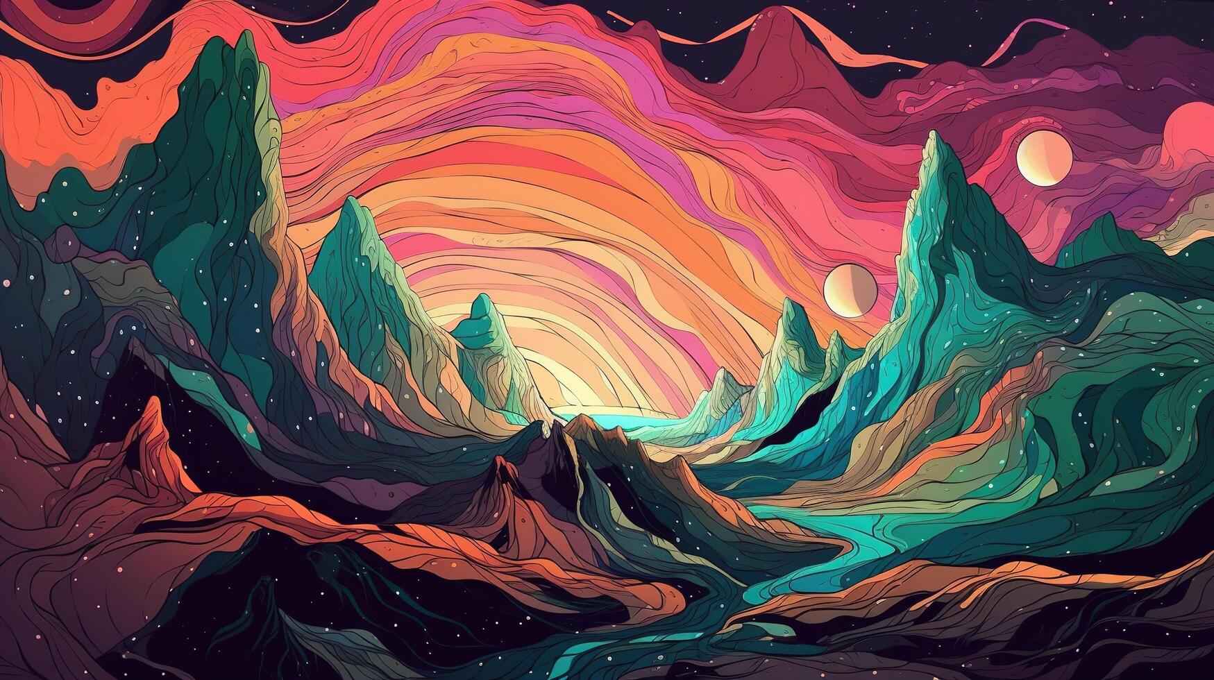 generativ ai, psychedelisch Raum Banner Vorlage im Anime Manga Linie Kunst Stil. horizontal Illustration von das Zukunft Landschaft mit Berge, Planeten, Bäume, Mond. Surrealist Eskapismus Konzept. foto