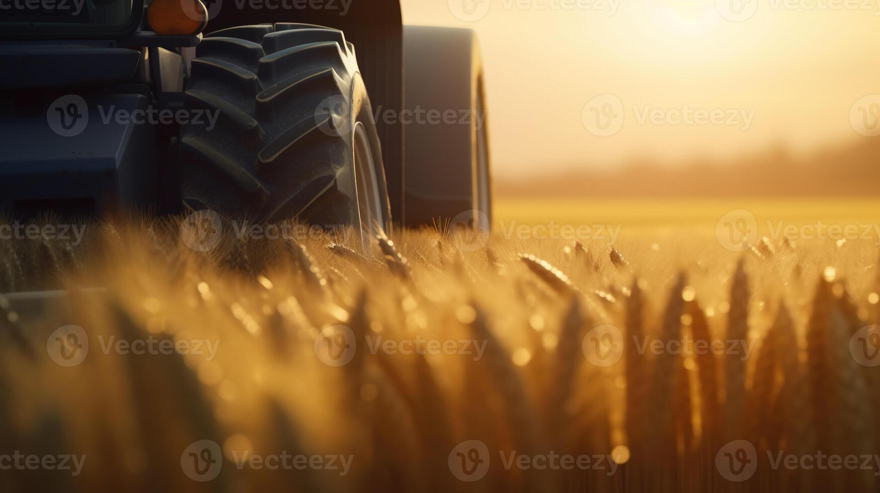 generativ ai, Nahansicht modern kombinieren Mähdrescher auf ein Weizen Feld, Bauernhof Landschaft, landwirtschaftlich schön Landschaft. Natur Illustration, fotorealistisch horizontal Banner. foto