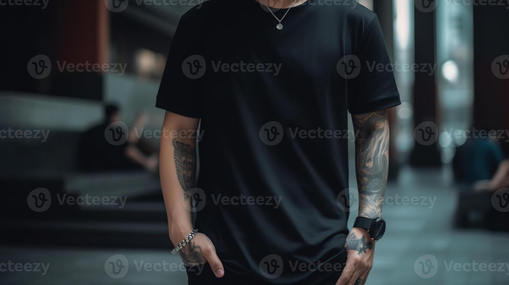 generativ ai, realistisch schwarz T-Shirt spotten oben leer stellen auf jung Mann, Copyspace zum Präsentation Werbung. leer Geschäft Konzept foto