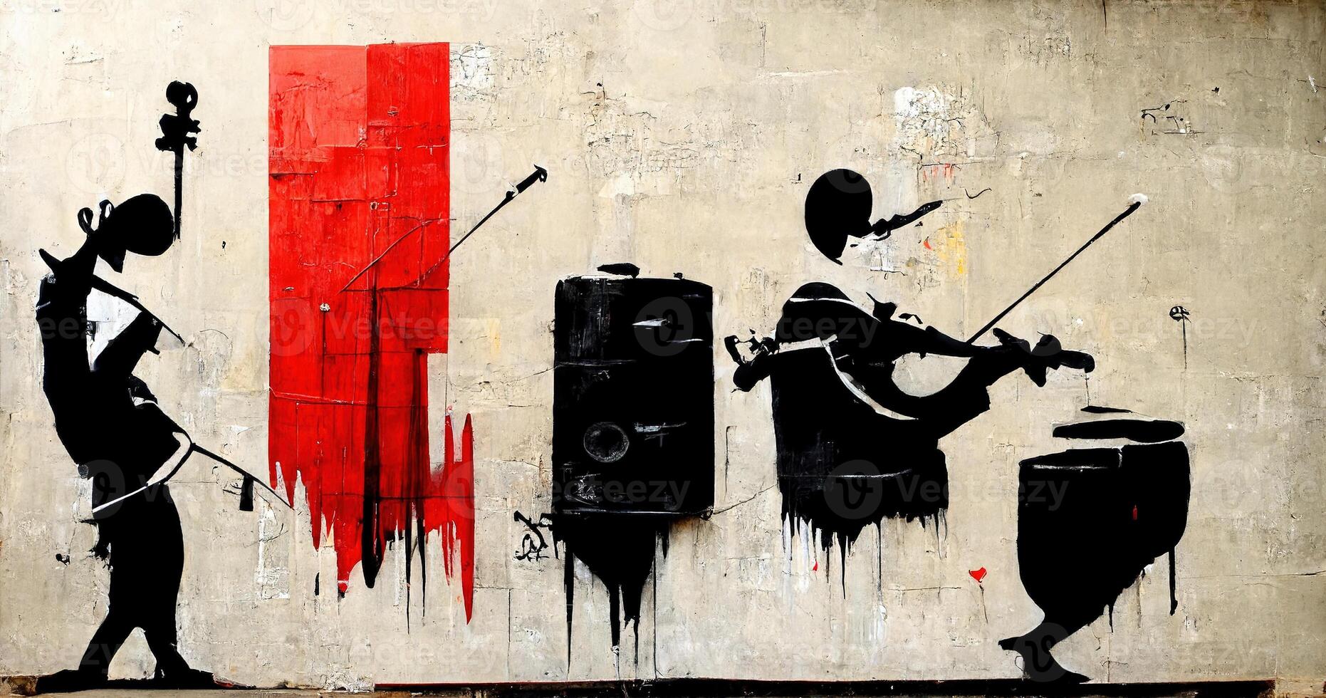 generativ ai, abstrakt Straße Kunst mit Schlüssel und Musical Instrumente Silhouetten. Tinte bunt Graffiti Kunst auf ein texturiert Papier Jahrgang Hintergrund, inspiriert durch Banken foto