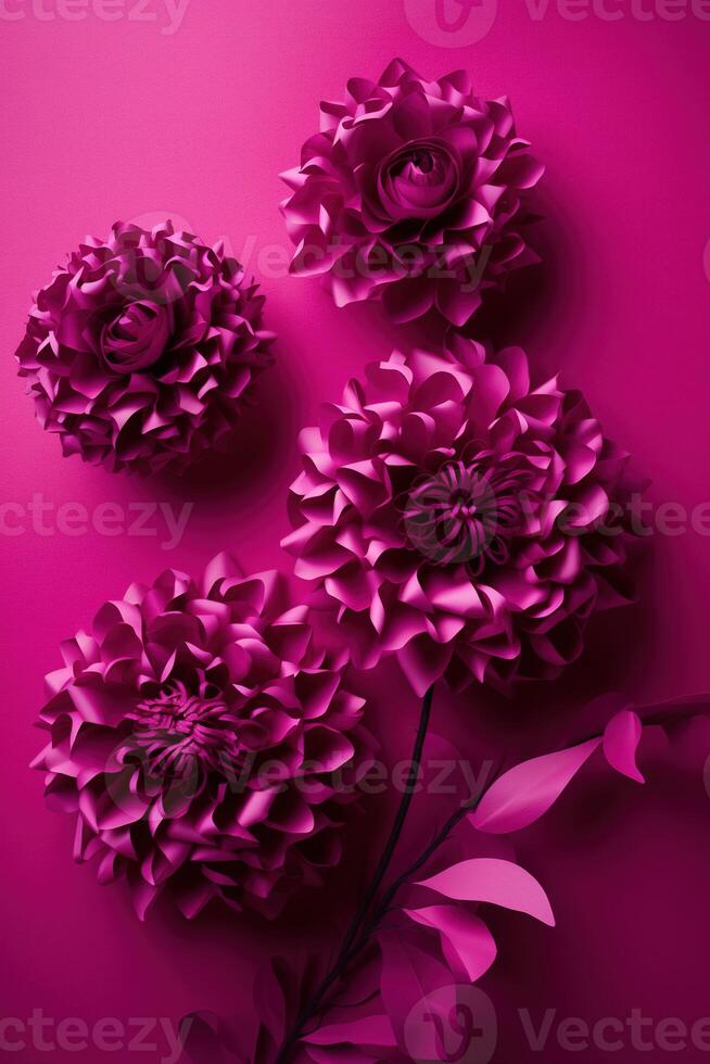 generativ ai, Papier Schnitt Kunst Blumen und Blätter, viva Magenta Farbe, Blumen- Origami texturiert Vertikale Hintergrund, Frühling Stimmung. fotorealistisch Wirkung. foto