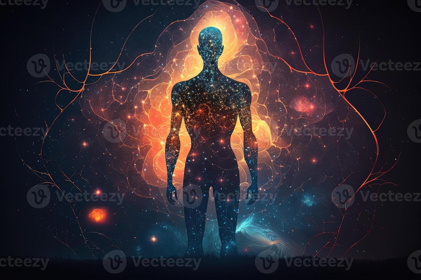 astral Körper Silhouette mit abstrakt Raum Hintergrund. esoterisch, spirituell Leben und Meditation Konzept. Leben nach dem Tod und Verbindung mit andere Welten. erstellt mit generativ ai foto