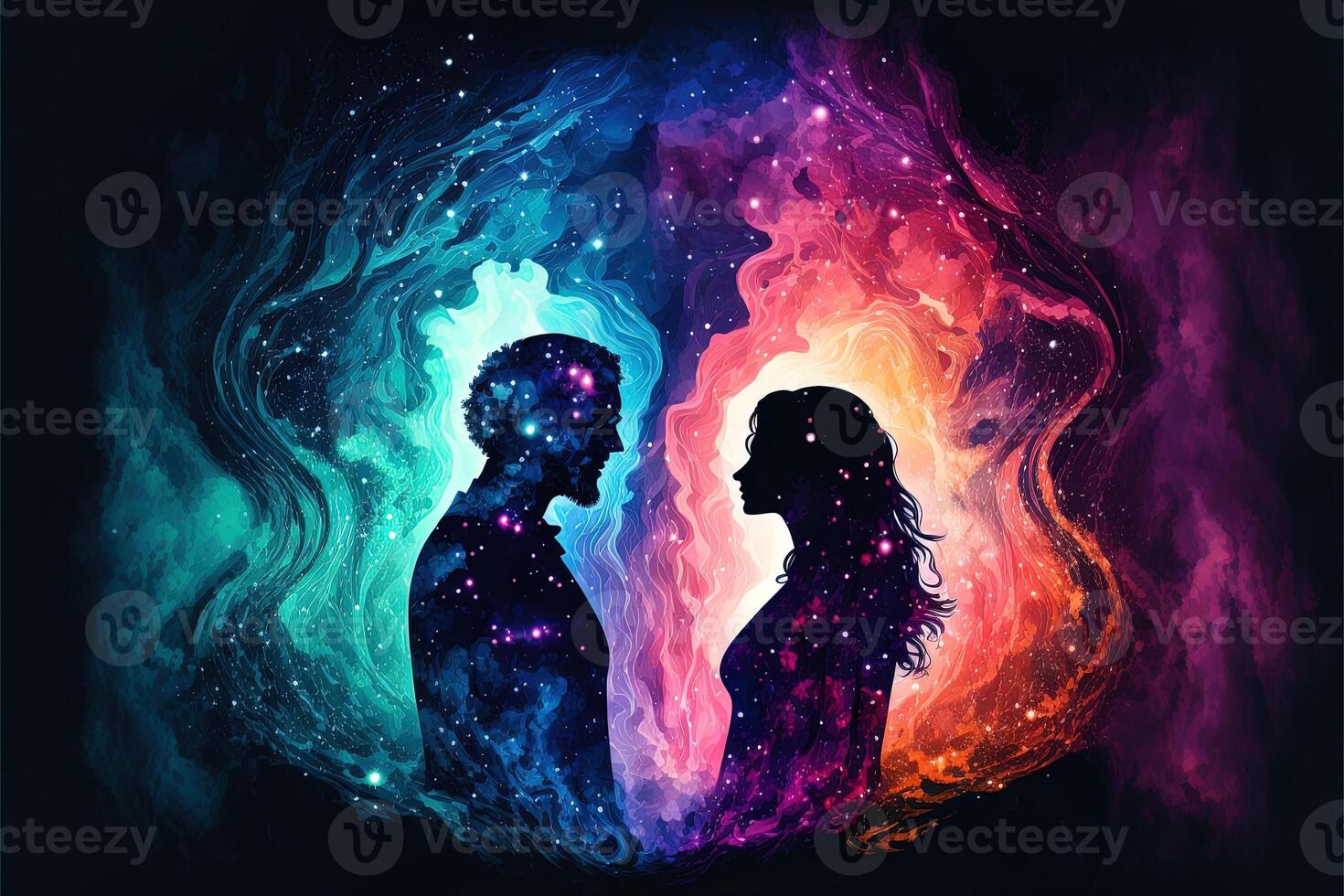 Mann und Frau Silhouetten beim abstrakt kosmisch Hintergrund. Mensch Seelen Paar im Liebe. astral Körper, esoterisch und spirituell Leben Konzept generativ ai foto