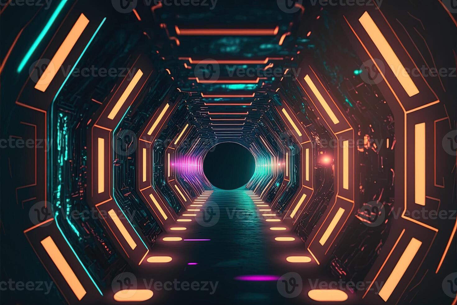 Sci-Fi Cyber futuristisch leeren generativ ai Tunnel Hintergrund Ausfahrt oder Tor voraus. abstrakt Cyber oder Digital Schnellstraße Konzept Cyberpunk Cyber Synth Tunnel Gang foto