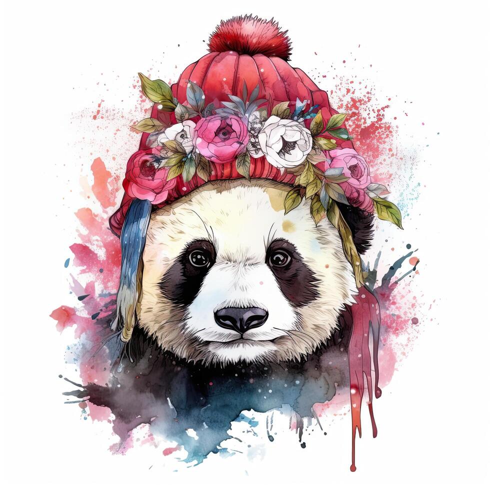 Aquarell Panda im Hut mit Blumen. Illustration ai generativ foto