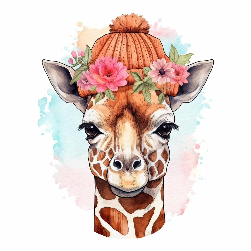 süß Giraffe im Hut mit Blume. Aquarell. Illustration ai generativ foto