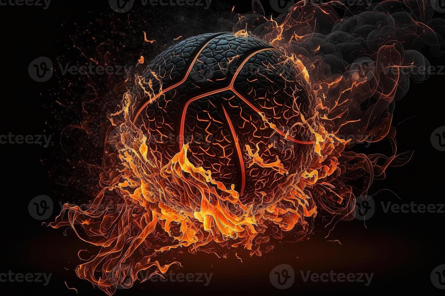 generativ ai von ein glühend Ball Verbrennung auf Feuer im Orange Flammen, geben aus Hitze und Rauch zum wettbewerbsfähig Basketball ein visuell Darstellung von das Wahnsinn und Aufregung von das Spiel foto