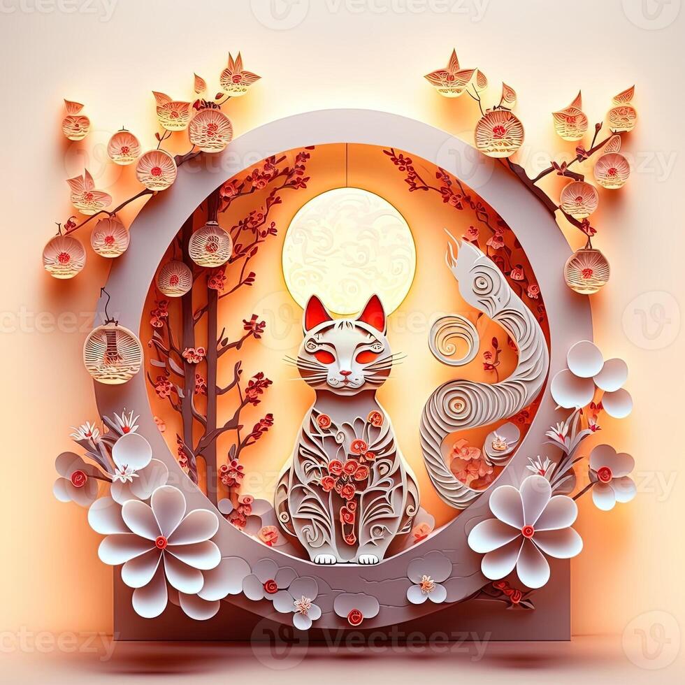 Papier Schnitt quilling mehrdimensional Chinesisch Stil süß Tierkreis Katze mit Laternen, blühen Pfirsich Blume im Hintergrund, Chinesisch Neu Jahr. Mond- Neu Jahr 2023 Konzept. generativ ai foto