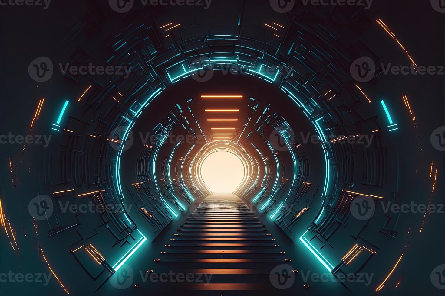 Sci-Fi Cyber futuristisch leeren generativ ai Tunnel Hintergrund Ausfahrt oder Tor voraus. abstrakt Cyber oder Digital Schnellstraße Konzept Cyberpunk Cyber Synth Tunnel Gang foto