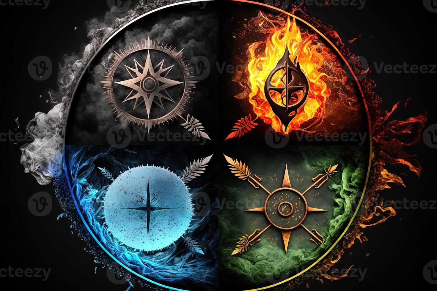 vier Elemente Kompass. generativ ai. bunt magisch Fantasie Kompass, vier Elemente Erde, Feuer, Wasser, Luft. foto