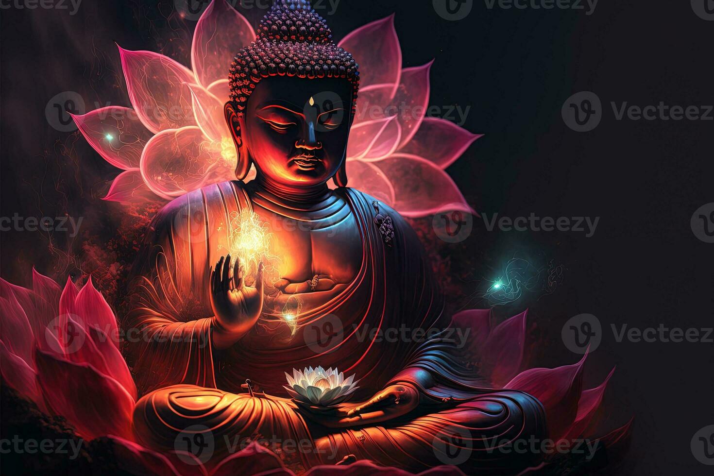 schön Licht Spektrum Buddhas Licht blinken, hell Rot, Gelb Lotus Blume, Verbrennung wolkenartig Blütenblätter, umgeben durch Magie Chaos Licht, Weiß Rauch, fallen reflektiert Licht, Wasser Muster. foto