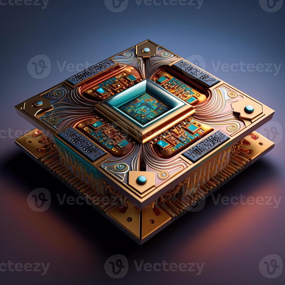 generativ ai ein Quantum Chip, ein futuristisch glühend Zentralprozessor Quantum Computer Prozessor. Digital Chip mit hud Elemente. futuristisch Mikrochip Prozessor. modern Zentralprozessor Illustration . zentral Computer Prozessoren foto