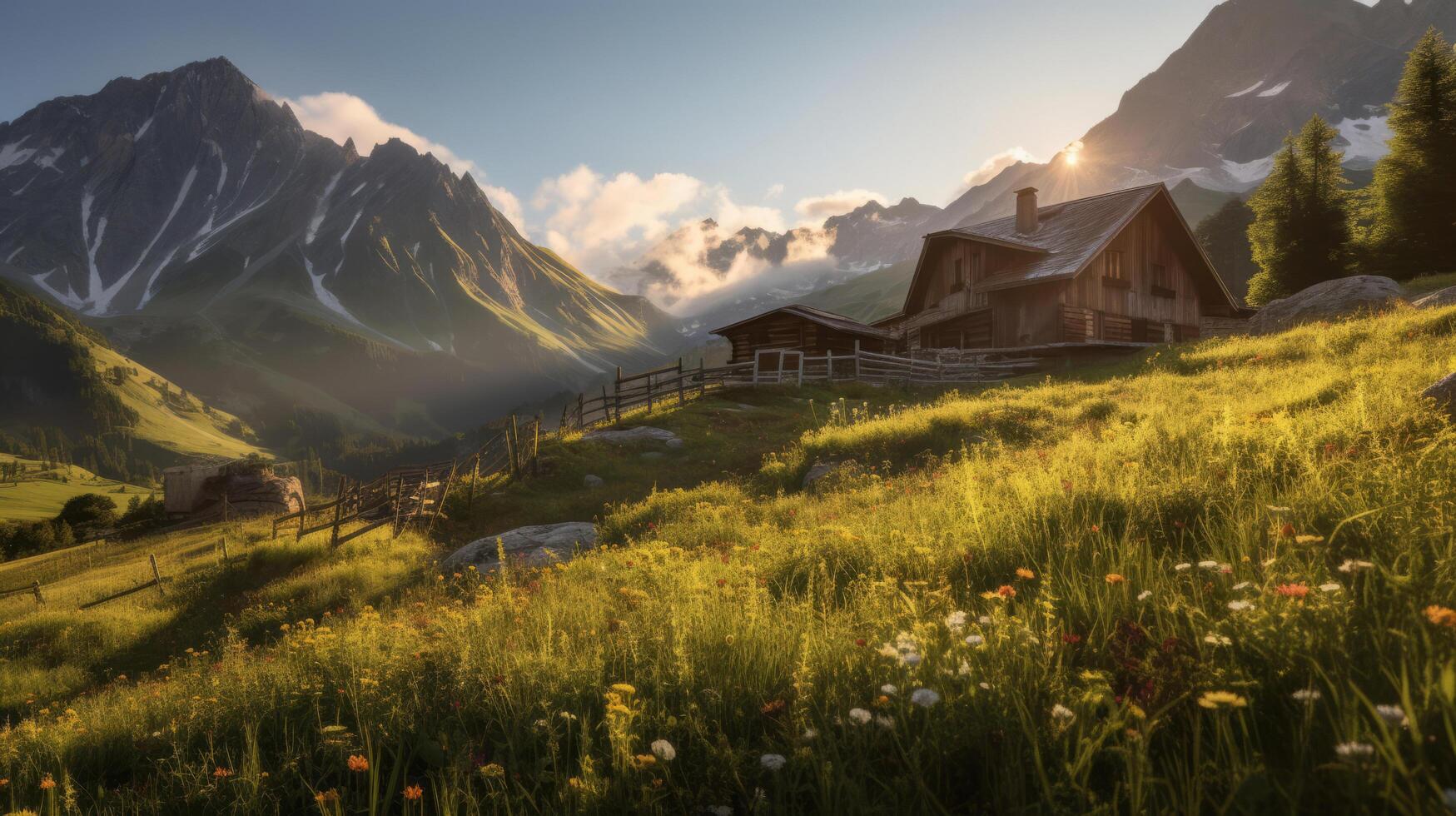 Haus im Berg Wiese. Illustration ai generativ foto