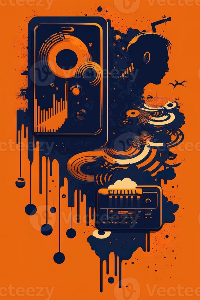 generativ ai Hintergrund Banner Musik- und Klang mit etwas Technologie, Orange und dunkel Blau Farbe.Gold Musik- Anmerkungen und verdreifachen Notenschlüssel auf Linie Welle von Klang Melodie. Illustration Vorlage zum Musik- Festival foto