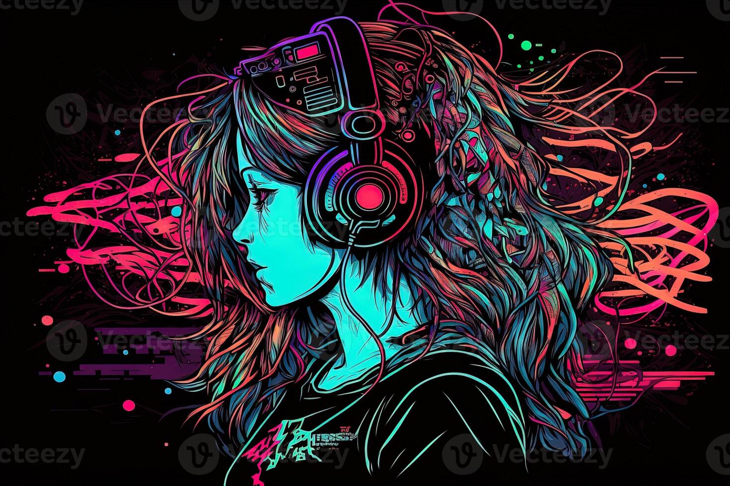 generativ ai ein Neon- Spieler Anime Mode Mädchen oder Frau tragen Kopfhörer, hat verloren im ihr Musik. abstrakt Hintergrund Das weckt das Gefühl von anders Genres von Musik. Banner Musik- Konzept foto