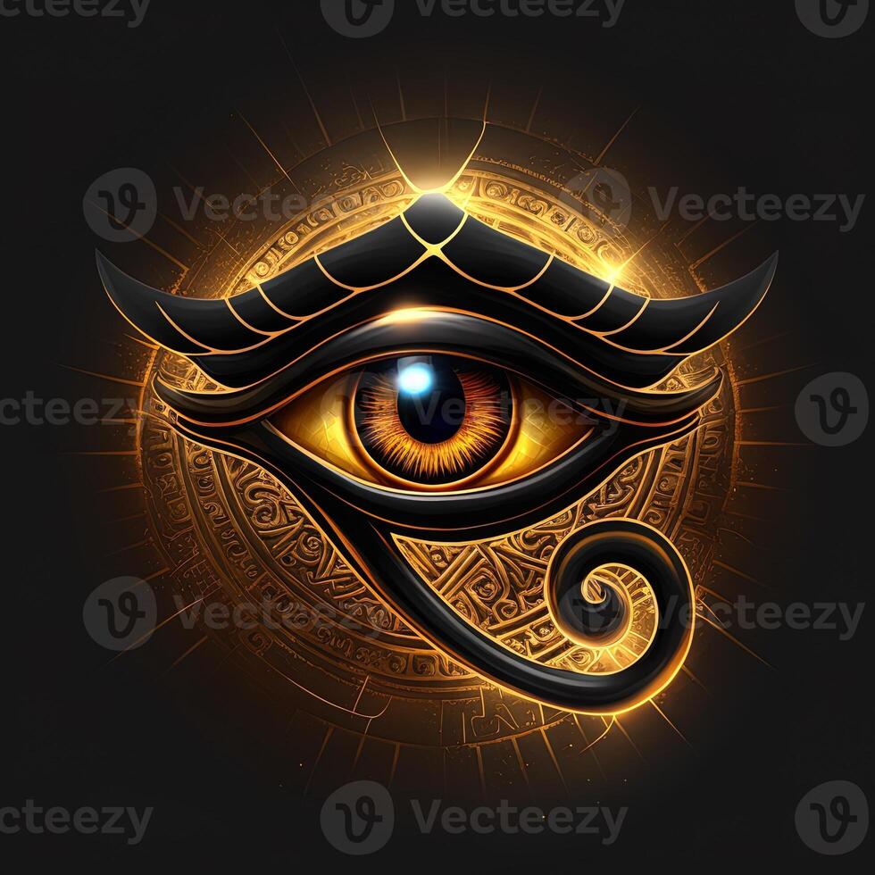 generativ ai das golden Auge von Horus mit golden bewirken auf schwarz Hintergrund, Darstellung von das Solar- Auge oder das Auge von Ra, Symbol von das uralt ägyptisch Gott von das Sonne foto