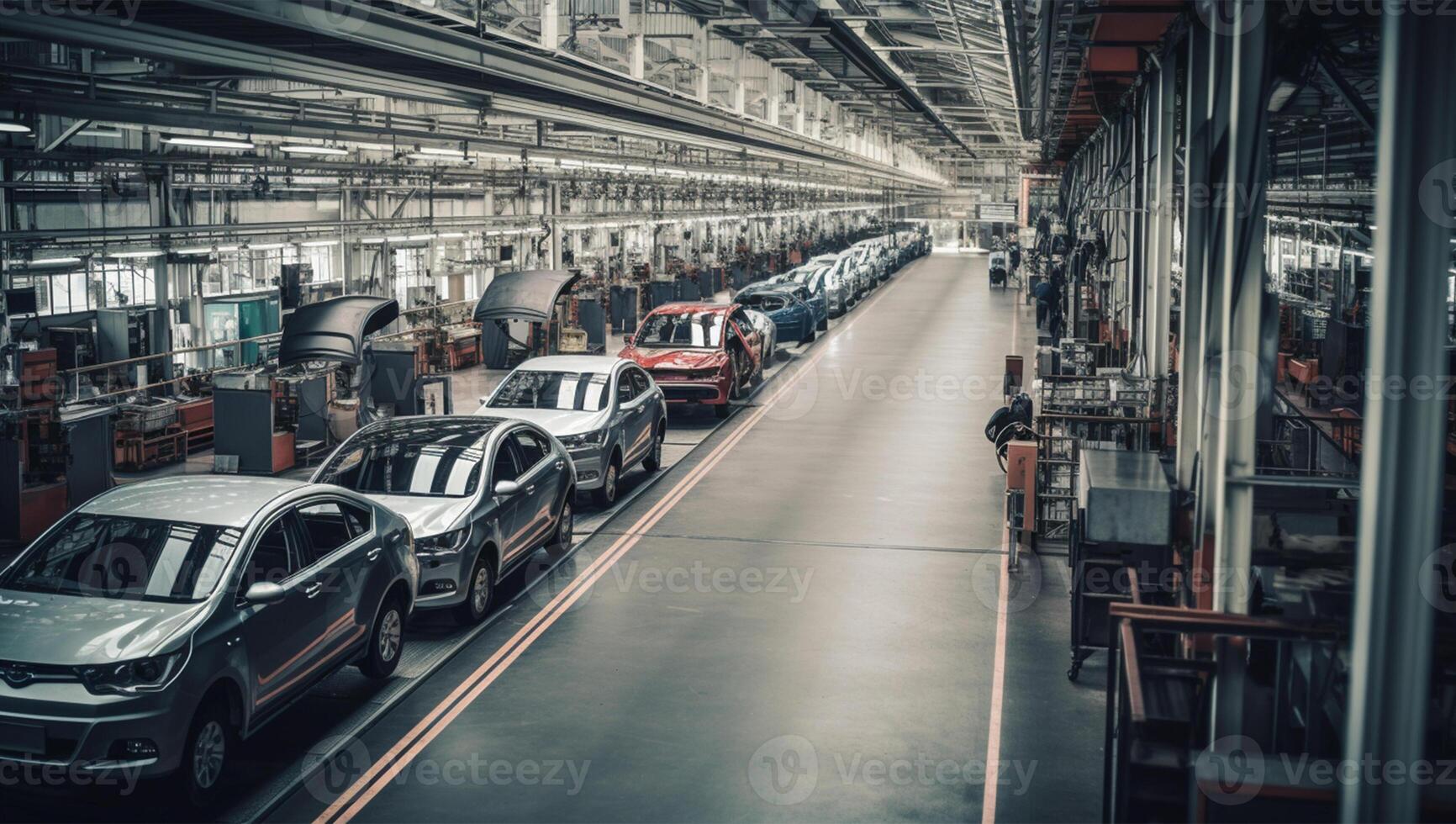 ein Reihe von Autos auf ein Produktion Linie, ai generativ foto