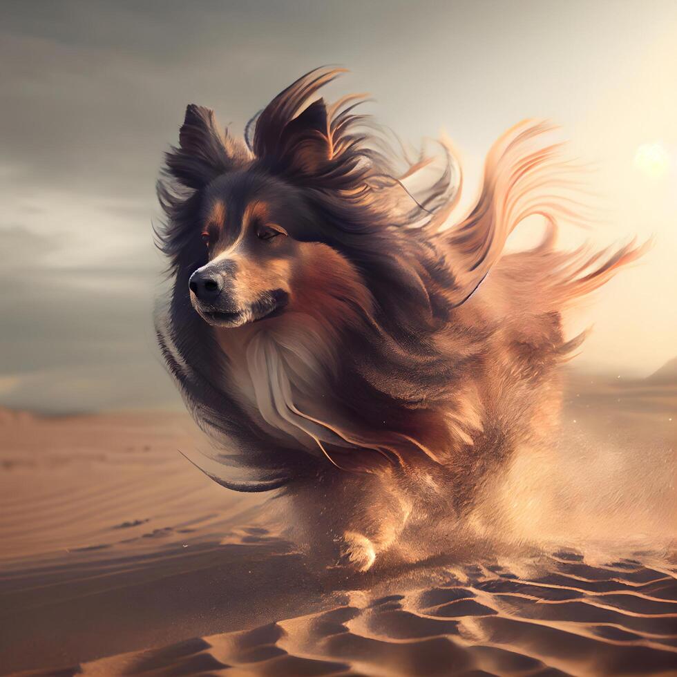 schön Collie Hund Laufen im Sand Dünen auf Sonnenuntergang., ai generativ Bild foto