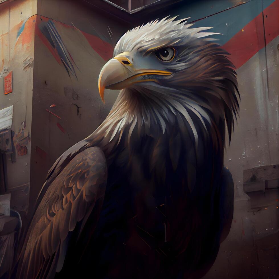 kahl Adler gemalt auf das Mauer von ein alt Fabrik Gebäude., ai generativ Bild foto
