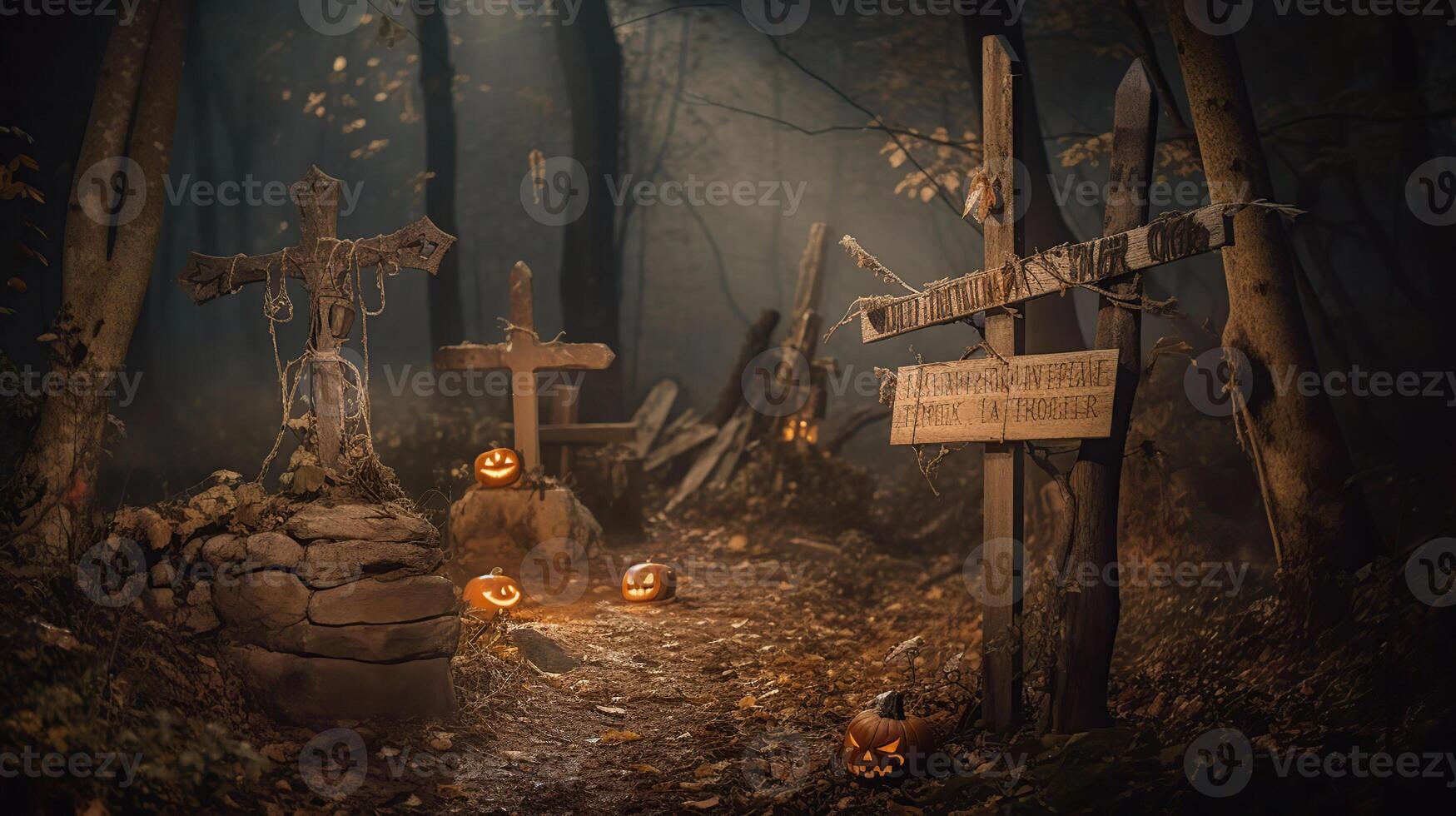 Halloween Karte im Wald mit hölzern Zeichen Tafel - - Friedhof beim Nacht mit Kürbisse und Skelette, generativ ai foto