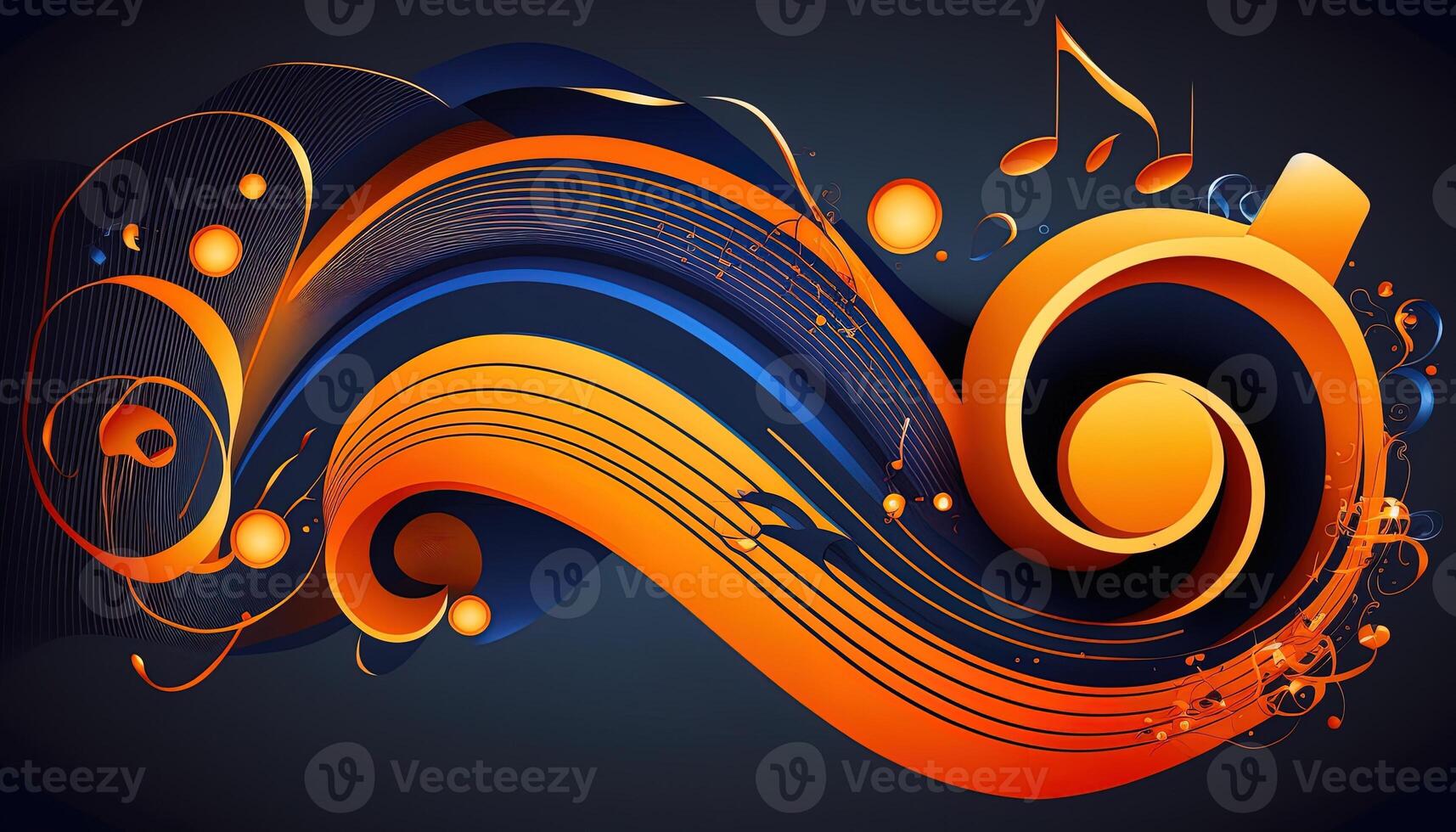 generativ ai Hintergrund Banner Musik- und Klang mit etwas Technologie, Orange und dunkel Blau Farbe.Gold Musik- Anmerkungen und verdreifachen Notenschlüssel auf Linie Welle von Klang Melodie. Illustration Vorlage zum Musik- Festival foto