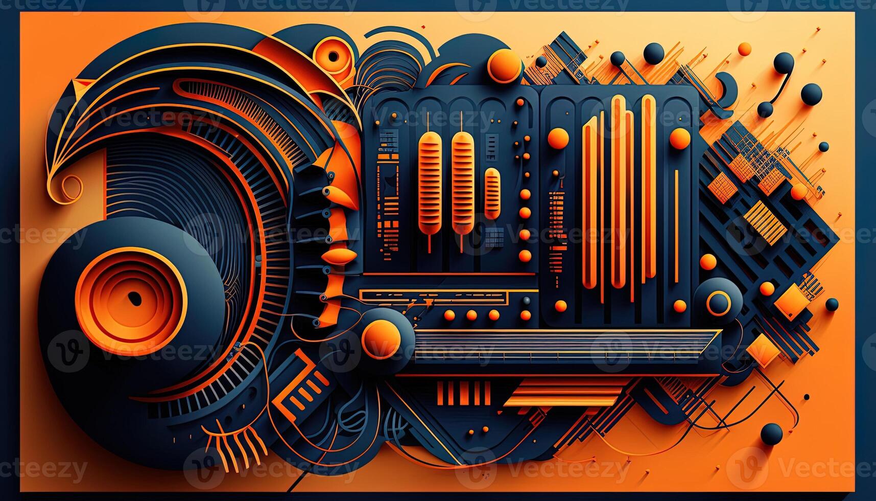 generativ ai Hintergrund Banner Musik- und Klang mit etwas Technologie, Orange und dunkel Blau Farbe.Gold Musik- Anmerkungen und verdreifachen Notenschlüssel auf Linie Welle von Klang Melodie. Illustration Vorlage zum Musik- Festival foto