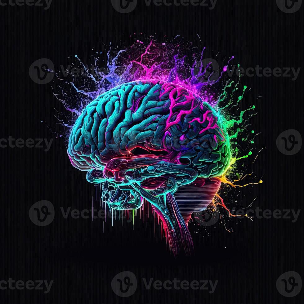 generativ ai Gehirn Kunst nft Neon- und Cyberpunk Farbe, Holographie, kosmisch Hintergrund, glühend Digital Gehirn ai Intelligenz Bildung digitalisiert Neuronen künstlich Intelligenz Kunst Algorithmus. foto