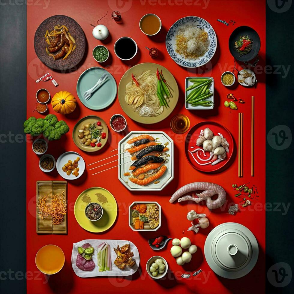 oben Aussicht von Tabelle Abendessen Chinesisch. Knolling Fotografie von Chinesisch Abendessen Neu Jahr , beschwingt. Vietnamesisch traditionell Mahlzeit im Land Seite. eben legen. foto