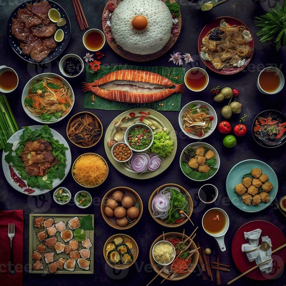 oben Aussicht von Tabelle Abendessen Vietnamesisch. Knolling Fotografie von Familie Abendessen Neu Jahr , beschwingt. Vietnamesisch traditionell Mahlzeit im Land Seite. eben legen. foto