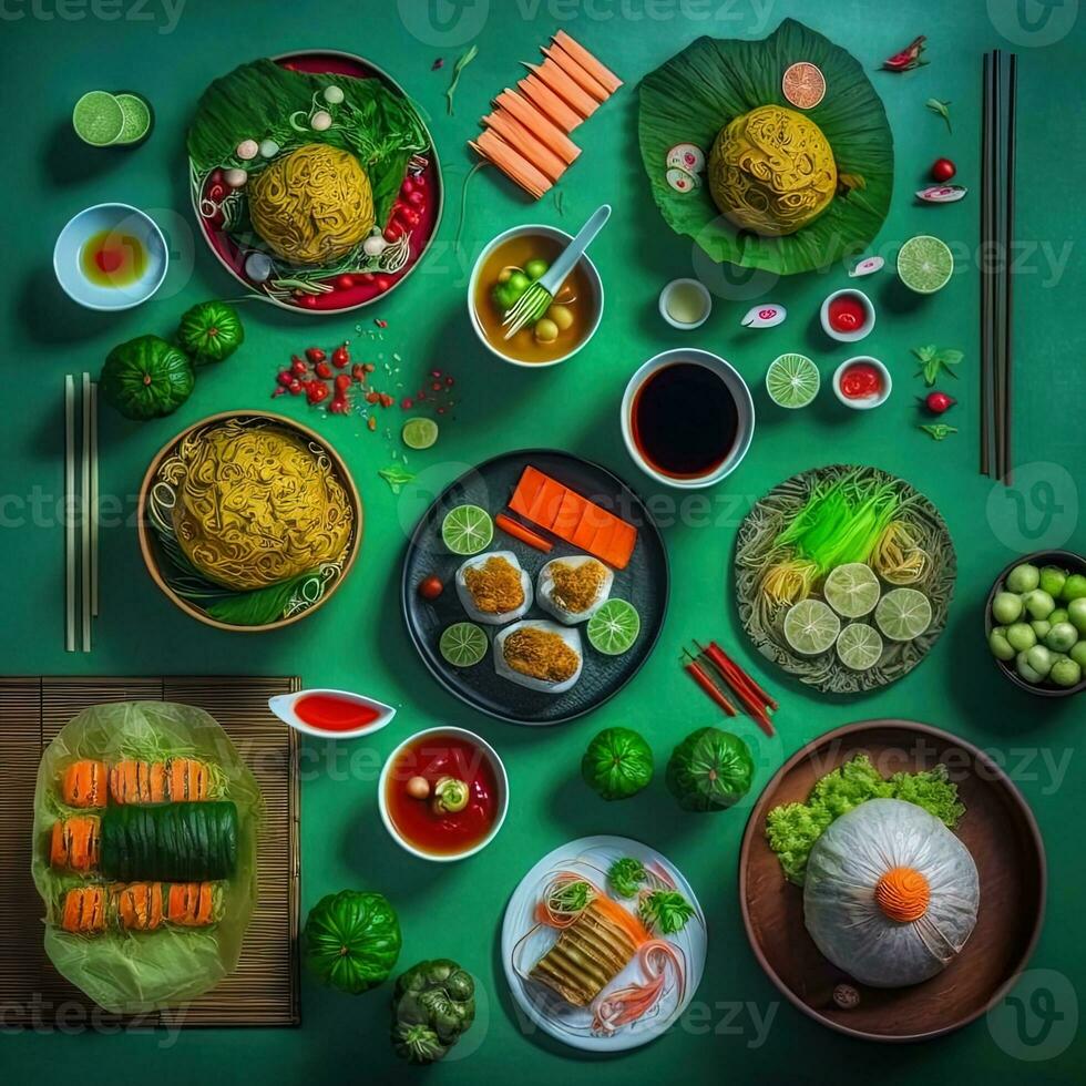 oben Aussicht von Tabelle Abendessen Vietnamesisch. Knolling Fotografie von Familie Abendessen Neu Jahr , beschwingt. Vietnamesisch traditionell Mahlzeit im Land Seite. eben legen. foto