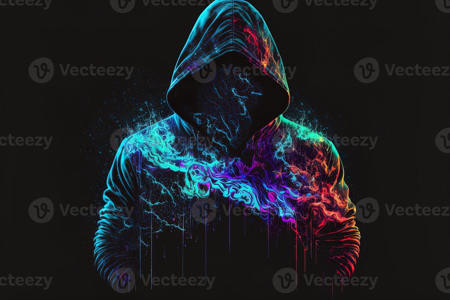 generativ ai doppelt Exposition ein einsam Zahl im ein Kapuzenpullover und Leistung Boxen, Universen kollidieren mit Neon, Cyberpunk, Holographie, kosmisch Hintergrund. anonym Mann im ein schwarz Kapuzenpullover hacken Computer Benutzerbild foto